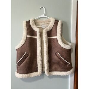 LOFT Faux Leather Shearling Open Vest Brown Cream Pockets Women Size XXL